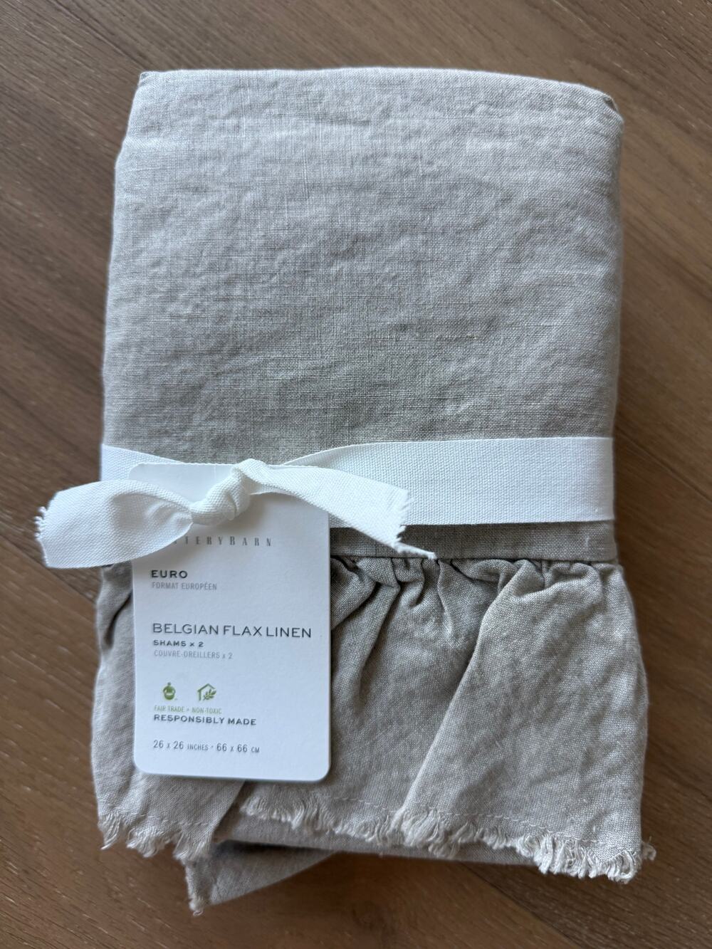 New Pottery Barn Belgian Flax Linen Fringe Ruffle Euro Sham Set 2 Dark Flax